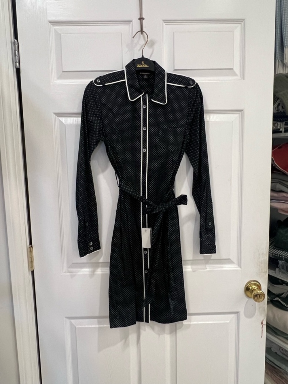 Brooks Brothers Black Polka Dot Long Sleeve Shirt Dress with White Trim